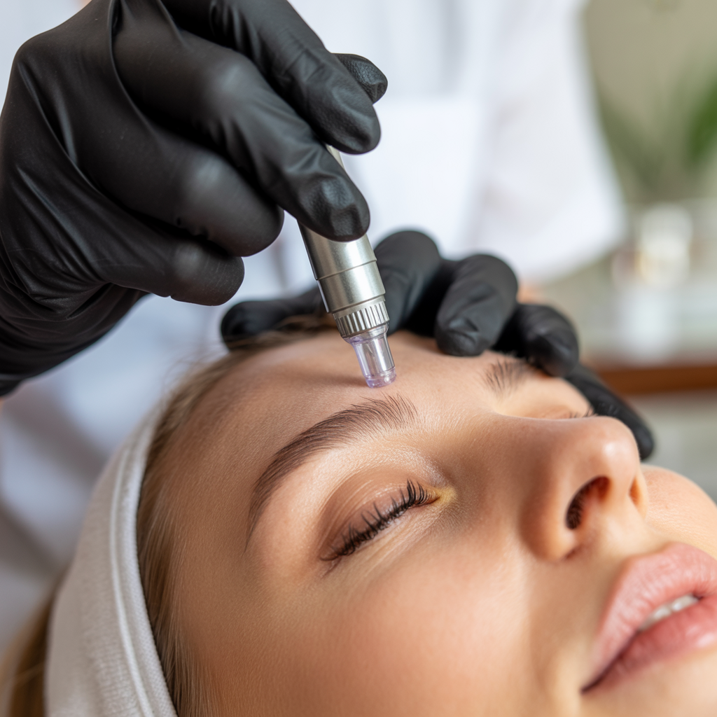 woman with her eyes closed as a professional dermatologist performs microneedling above her eyebrow