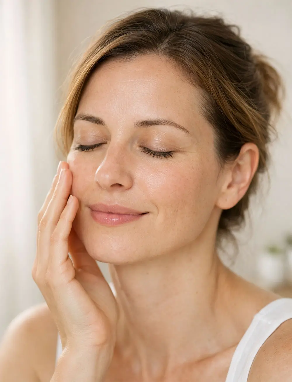 attractive woman with her eyes closed, smiling and touching her smooth skin