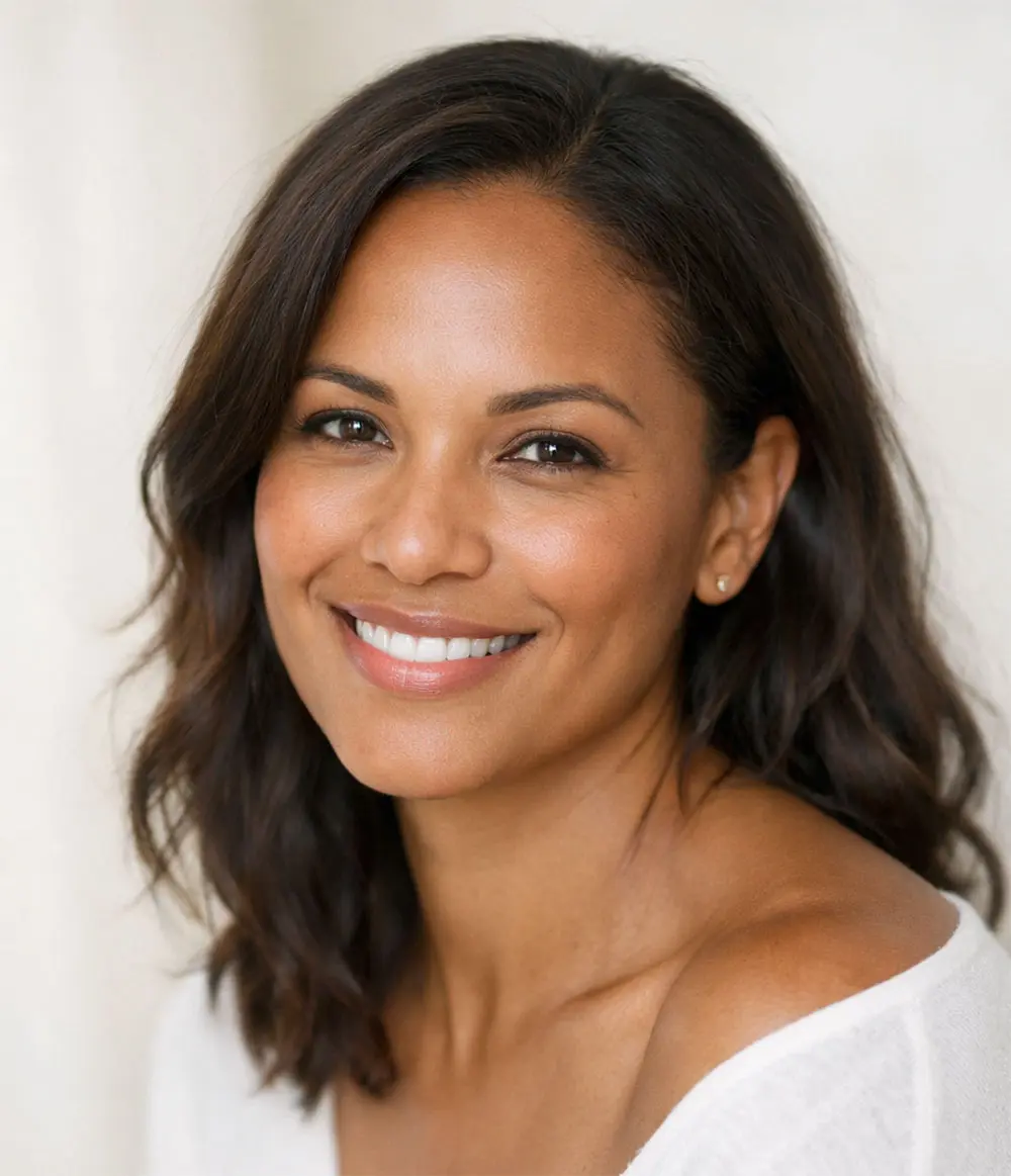 an attractive woman with dark complexion smiling at the camera