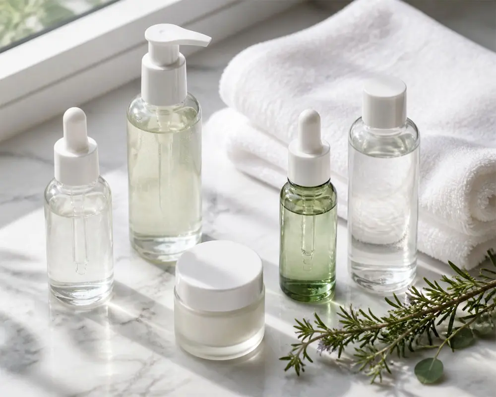 a variety of bottles with clear liquid sitting by a window and the sunlight casts light on them