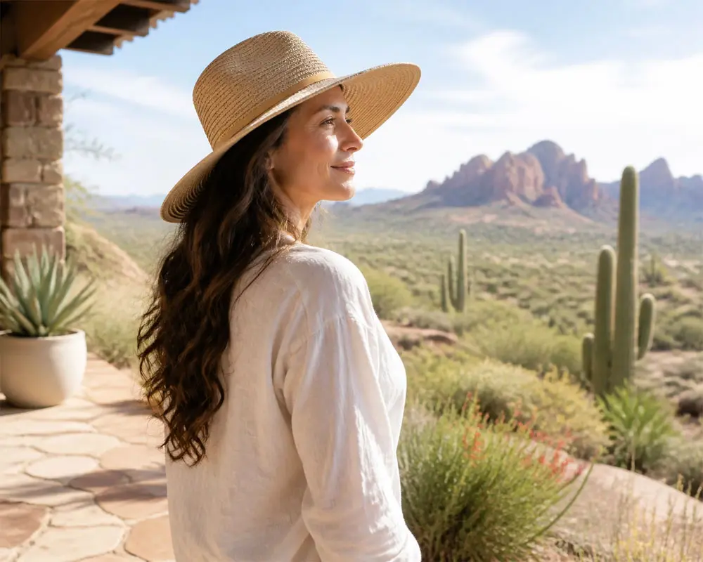 attractive woman with long brown hair, wearing a hat and smiling as she looks at the AZ desert