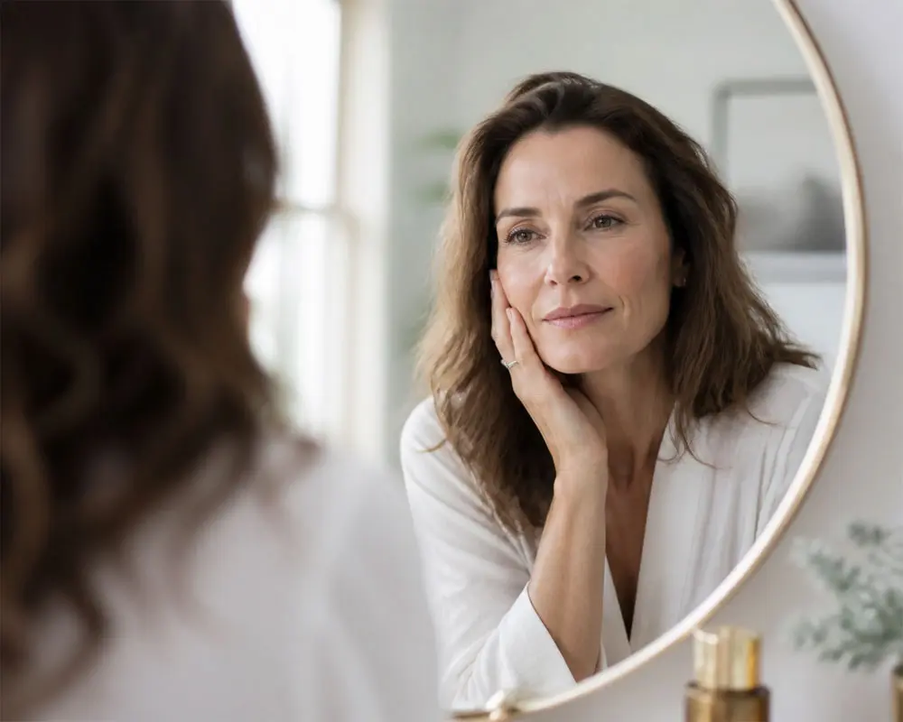 attractive middle-aged woman looking at her face in the mirror with a pleased look on her face