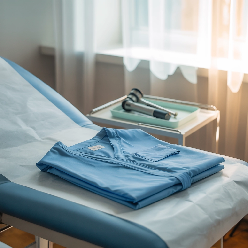 neatly folded blue hospital down on examining table