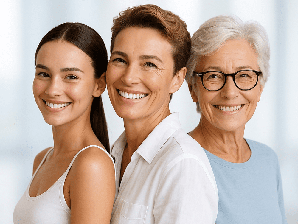 a female teen, adult woman, and senior woman standing next to each other smiling at the camera