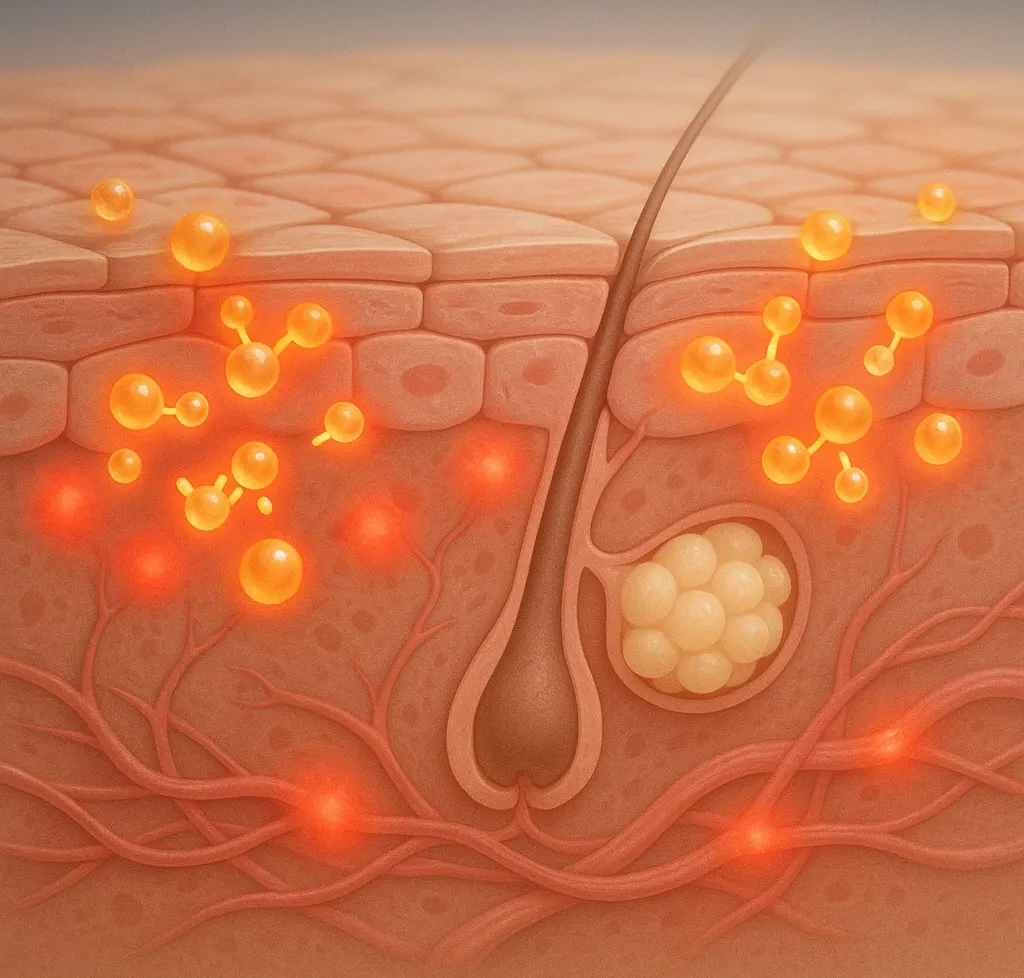 an image showing a cross-sectional view of human skin with a hair follicle and sebaceous gland visible.