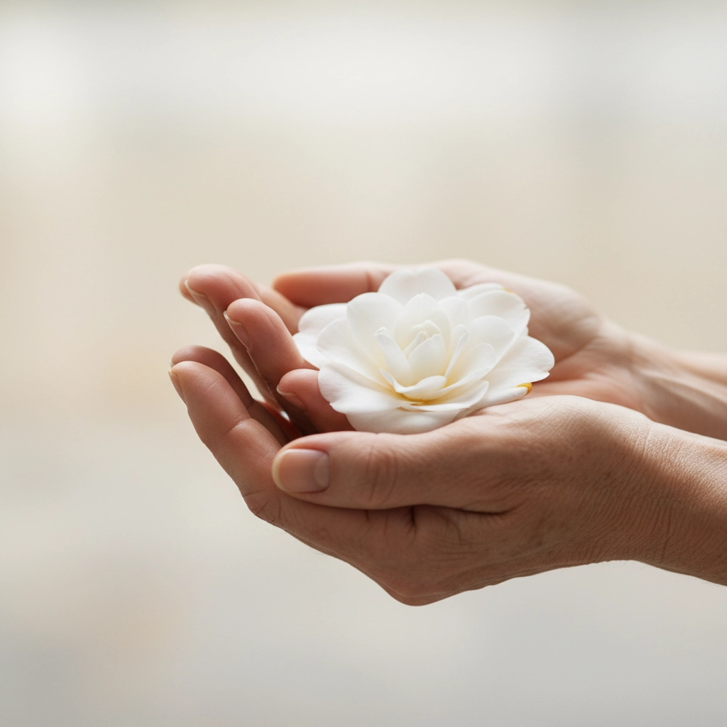 attractive but slightly aging hands holding a white flower