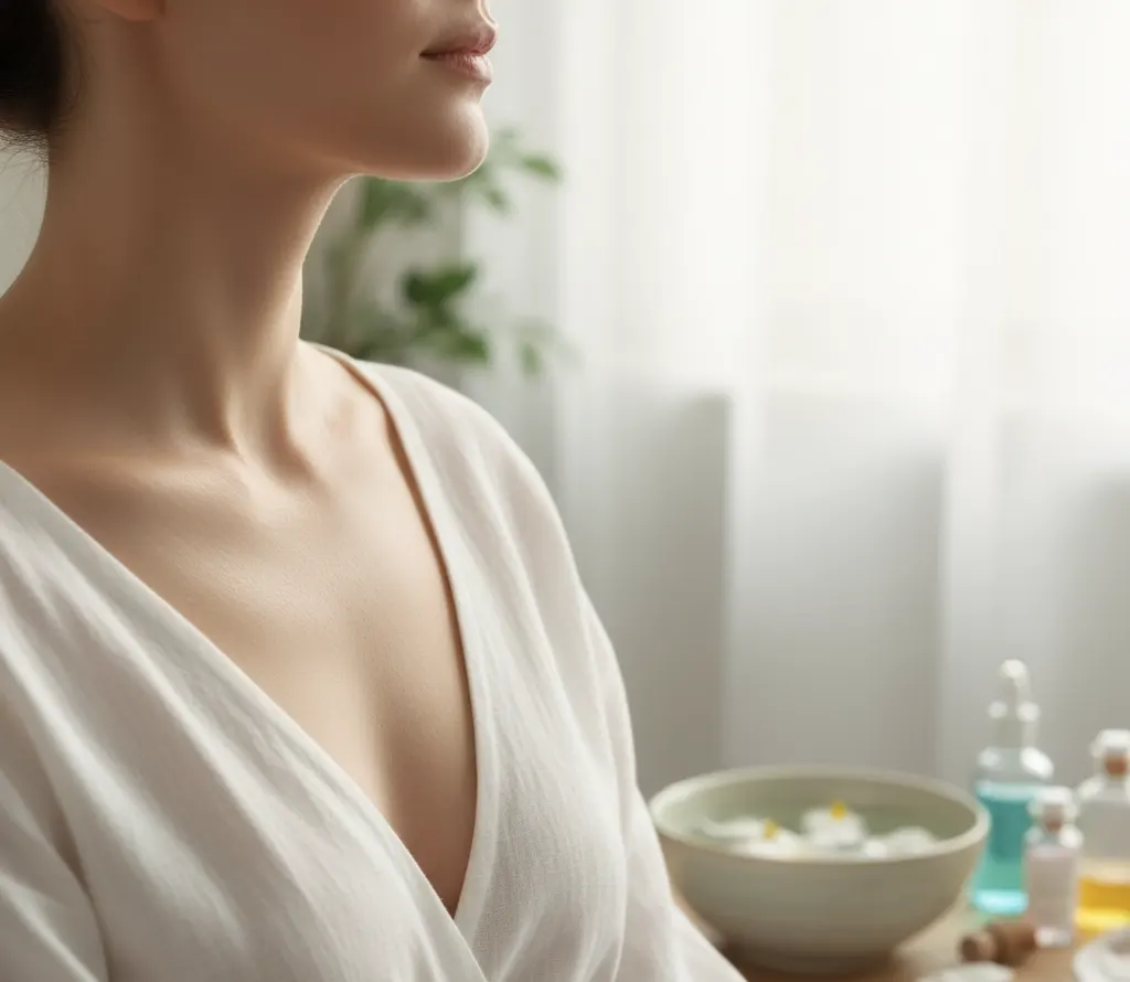 side shot of a woman's neckline in a soft bright lit room