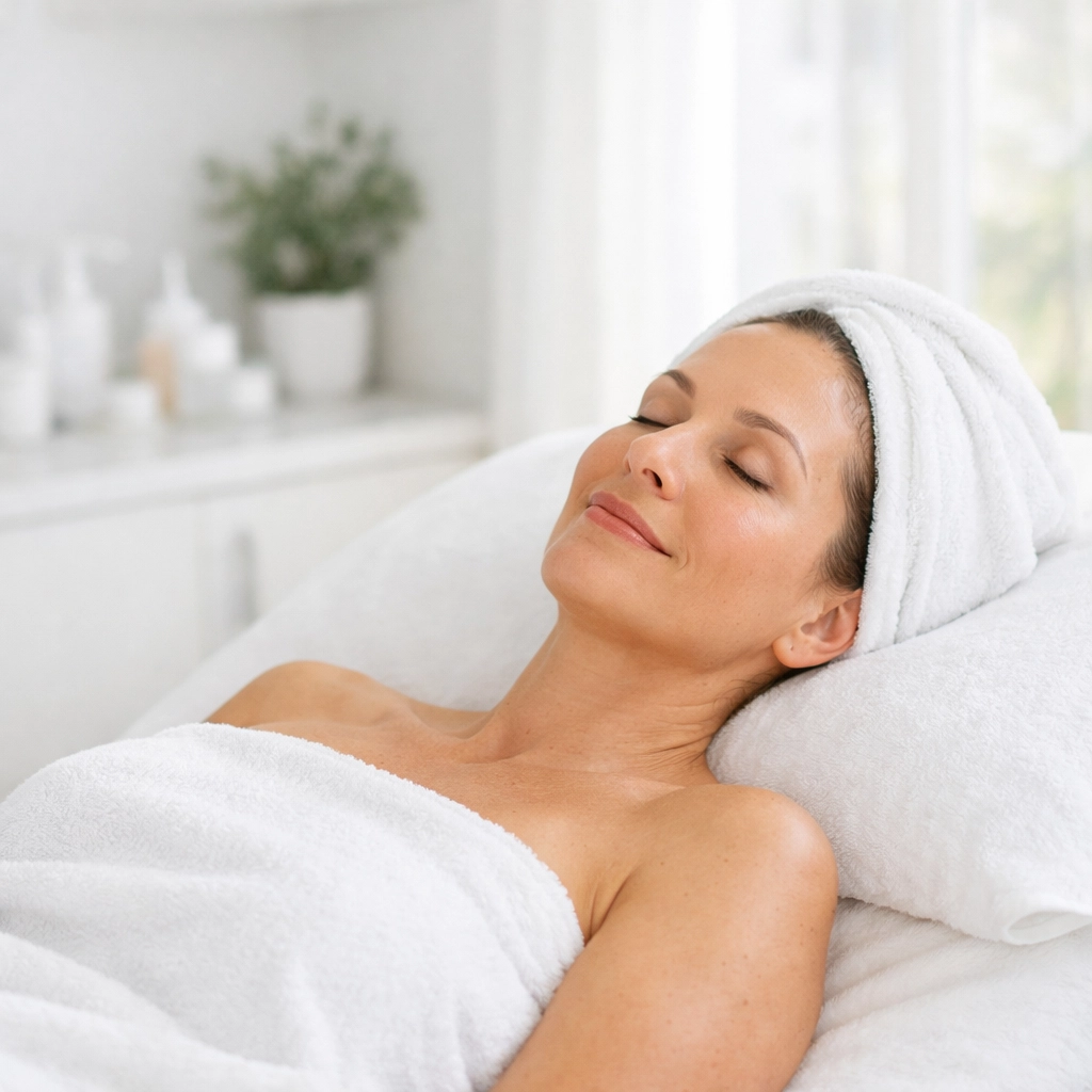 woman on a procedure table, with her hair in a towel, smiling with her eyes closed